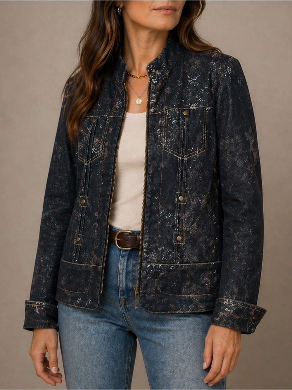 Coldwater Creek Black Metallic Floral Print Moto Jacket Zip Front 14 Whimsigoth